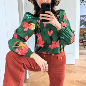 IVY OAK x Ana Leovy Smocked Printed Floral Blouse Green 40